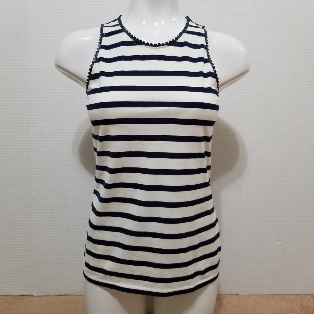 J.Crew top XS Faux Leather Scalloped Trim Tank Breton striped nautical preppy